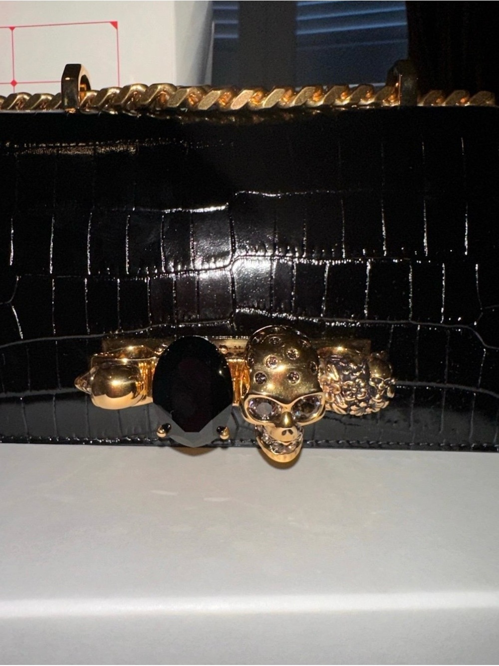 Alexander McQueen Black Croc-Embossed Clutch with Gold Skull and Jewel Hardware